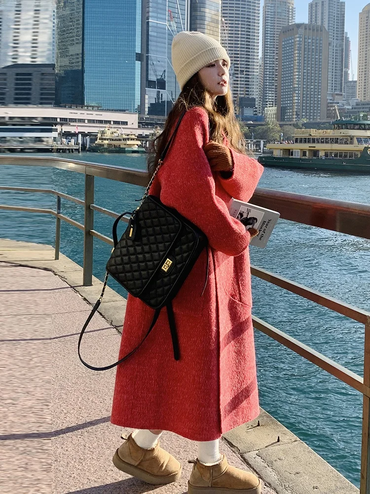 Red Korean Fashion Double-sided Wool coat Women 2024 Autumn and Winter New Design Thickened Warm Woolen Jacket