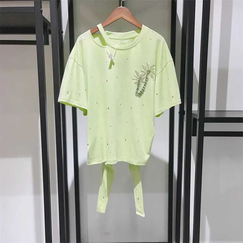 

2023 Spring/Summer Fashion Design Handmade T-shirt Coconut Tree Diamonds Waist Tie up Women's T-shirt 23289