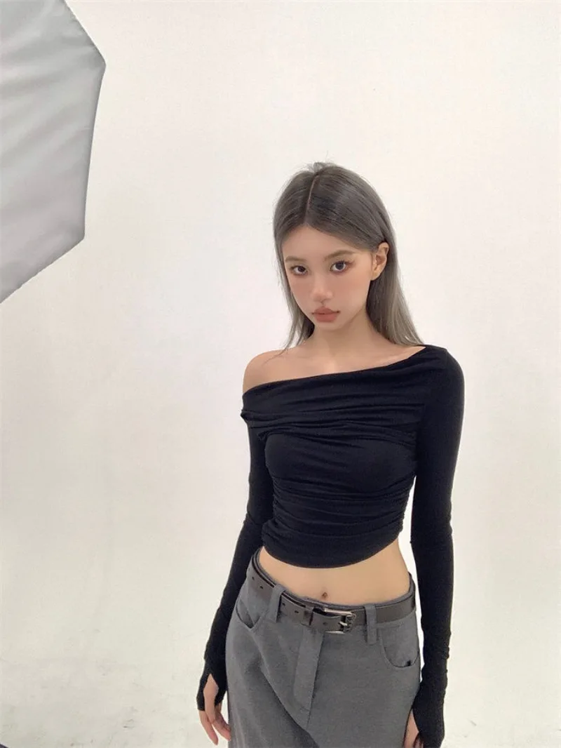 Черные Американские Футболки с вырезом лодочкой уличная одежда элегантные