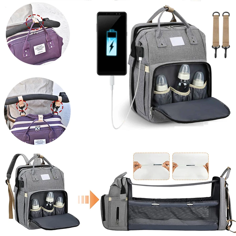Multifunctional Mommy Diaper Bag Changing Station Portable Baby Bed Bassinet Folding Crib Shade Waterproof Travel Bag Backpack