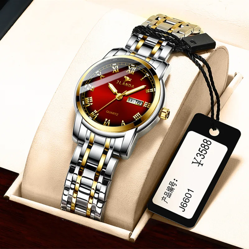 Женские часы со стальным ремешком двойной календарь водонепроницаемые