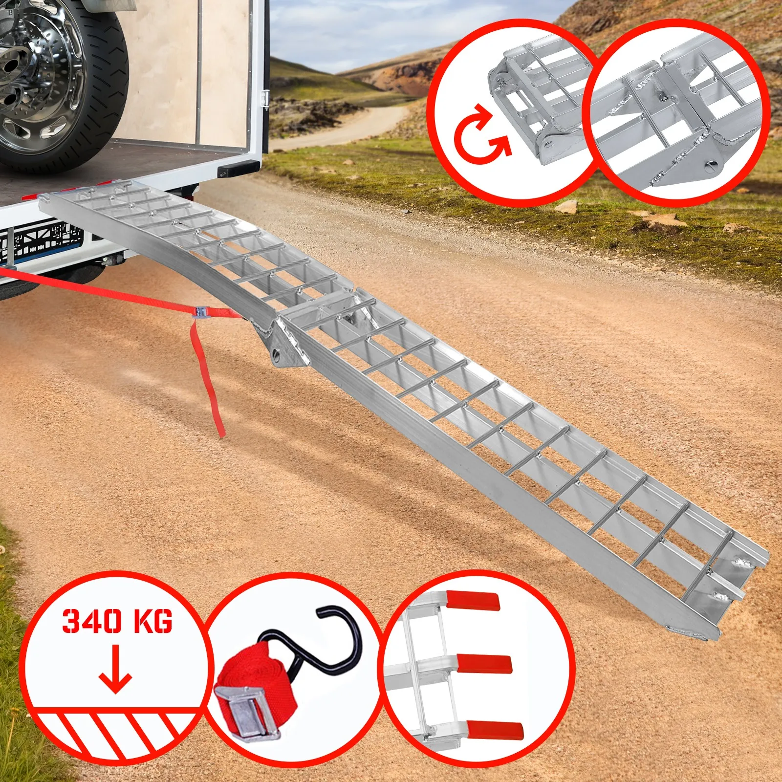 227x30 см алюминиевая складная погрузочная рампа 340 кг со сцепным ремешком для