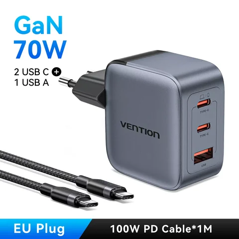 Зарядное устройство Vention 70W GaN с быстрой зарядкой Quick Charge 3.0 USB-C для iPhone 17 16 15 Pro, iPad, Macbook Air, планшетов, быстрое зарядное устройство PD Type-C