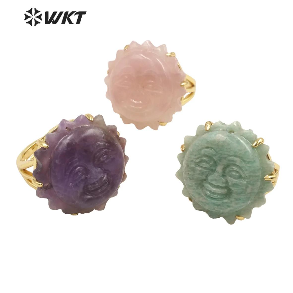 

WT-R489 Colorful And Lovely Sunflower&Simle Personality Natural Amethyst Amozonite Gemstone Adjustable Rings For Women Present