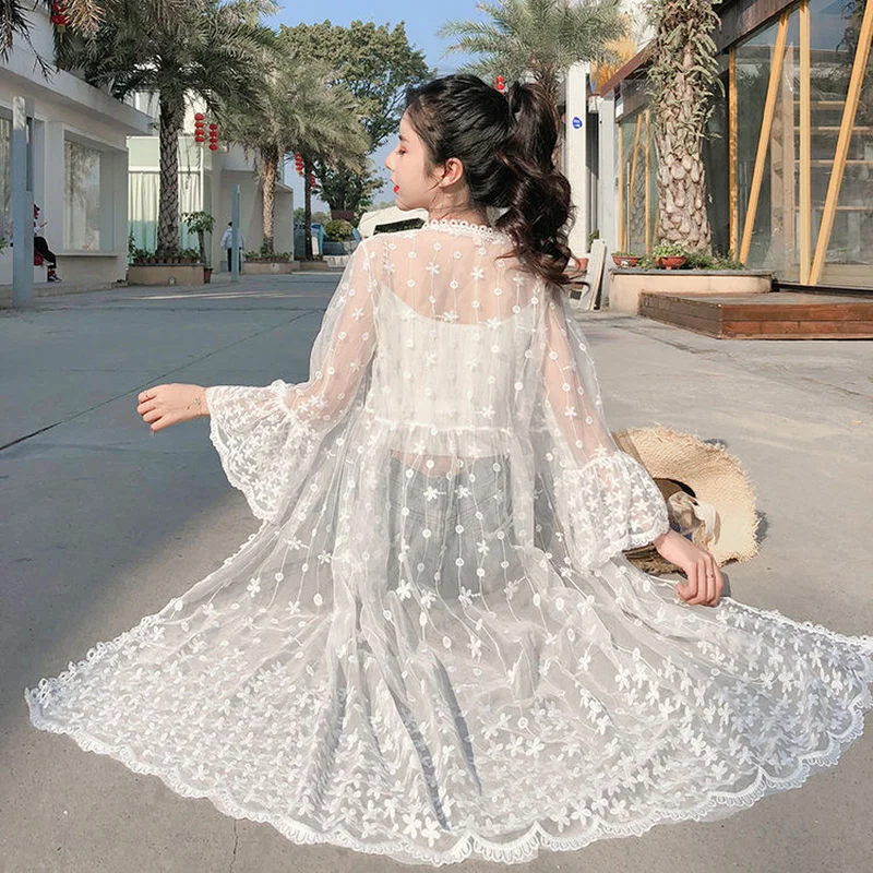 

Hot Sale Sexy Solid See-through Beach Dress Women Lace Kimono Boho Casual Cardigan Summer Beach Dress Bikini Cover Up Tops