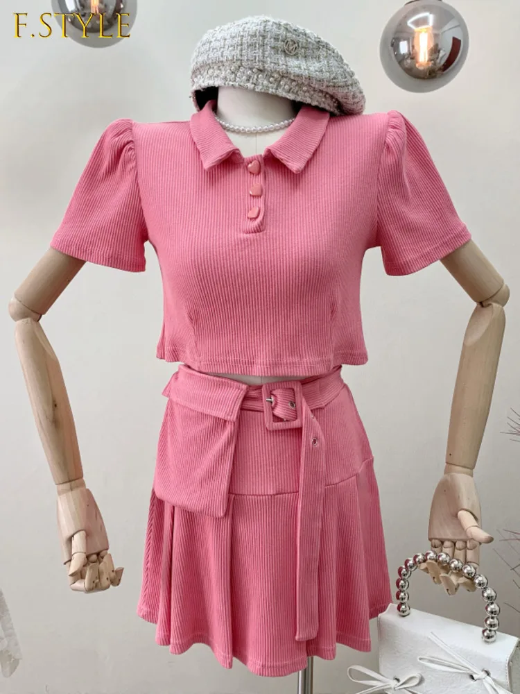 2022 New Women Summer Korean Two Pieces Sets Short Sleeve Turn-down Collar Crop Tops + Belt High Waist Pleated Mini Skirt Suits