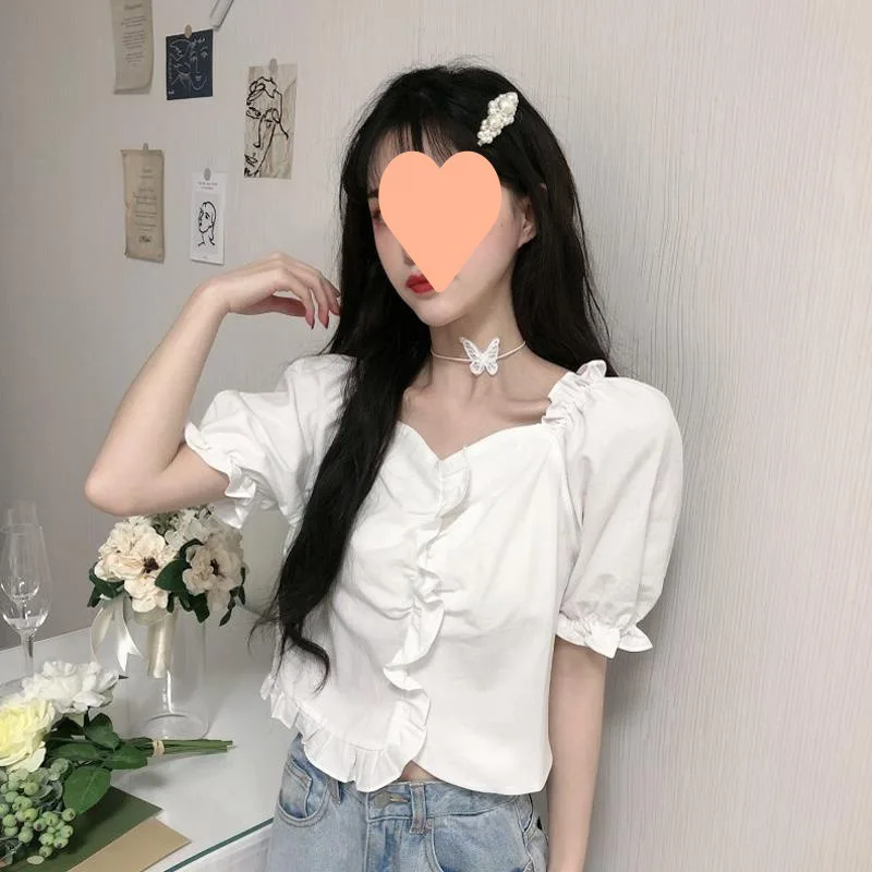 

2023Summer Short T-Shirt Fashion Blouses Woman Sexy Off Shoulder Crop Top Ruffles Shirt Puff Sleeve Shirt Chiffon Elegant Blouse