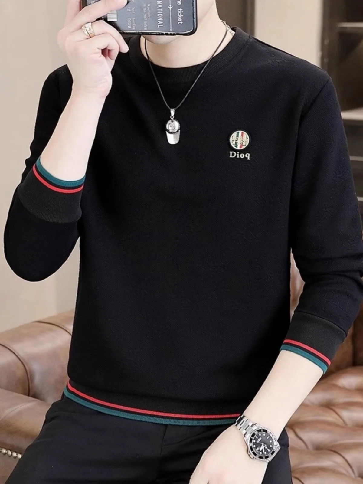 T-shirt Men's Long sleeve Spring and Autumn New High end Print Solid Bottoming Shirt round Neck Casual