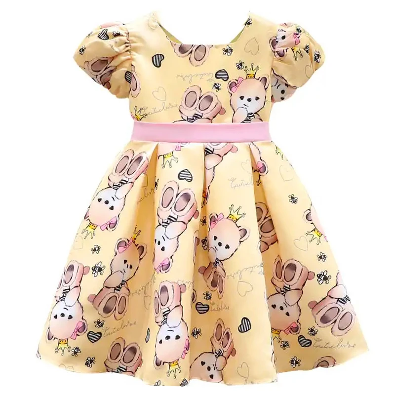 

Baby Girls Bear Cartoon Printted Dress with Bow Children Puff Sleeve Party Tutu Ball Gown 2-7Years Kids Fashion Dresses Clothing