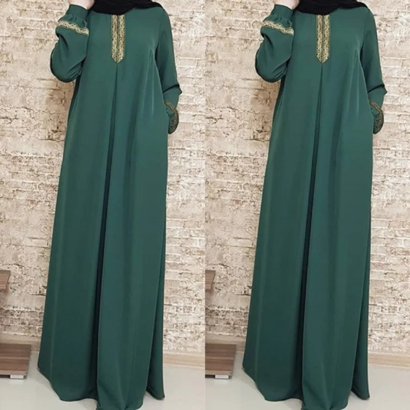 Muslim Abayat Ethnic Style Print Abayas for Women Solid Color Loose Casual Robe Femme Musulman for Middle East Arabia