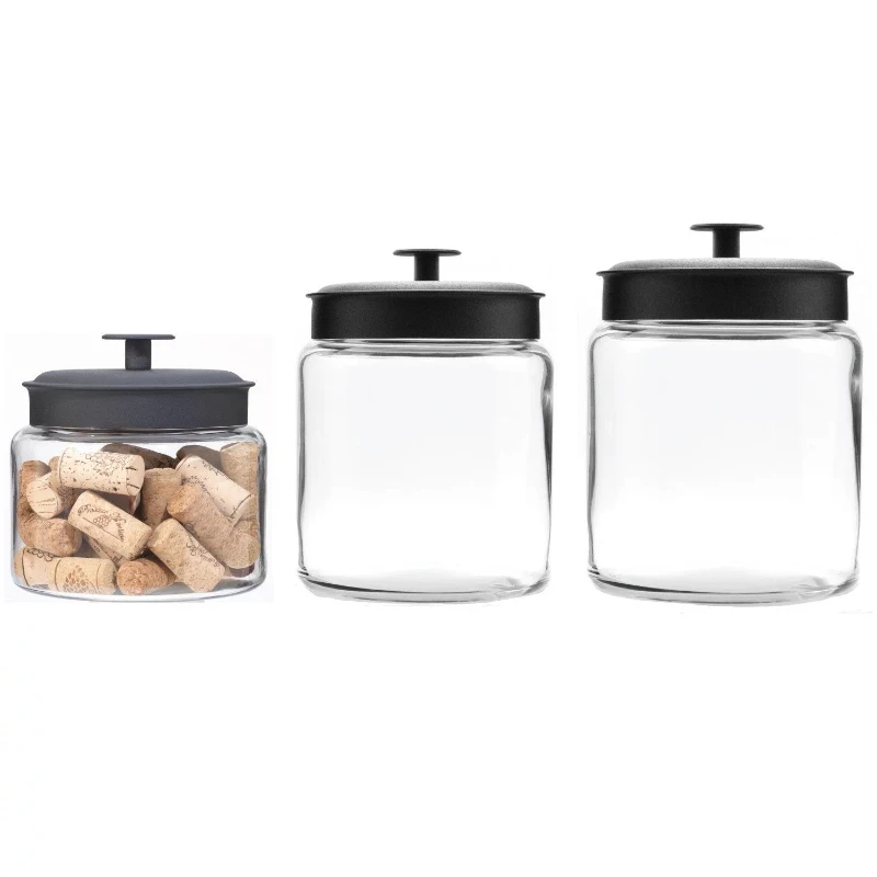 

3-Piece Montana Clear Glass Jar Storage Set with Black Metal Lids, 26-Cups