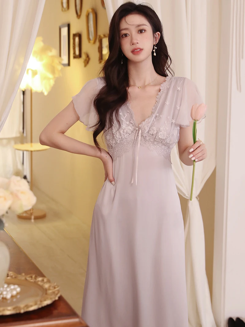 Women Summer Nighty Victorian Nightgowns Short Sleeve Mesh Ruffles V-Neck Backless Sexy Lace Silk Princess Pajamas Sleepwear