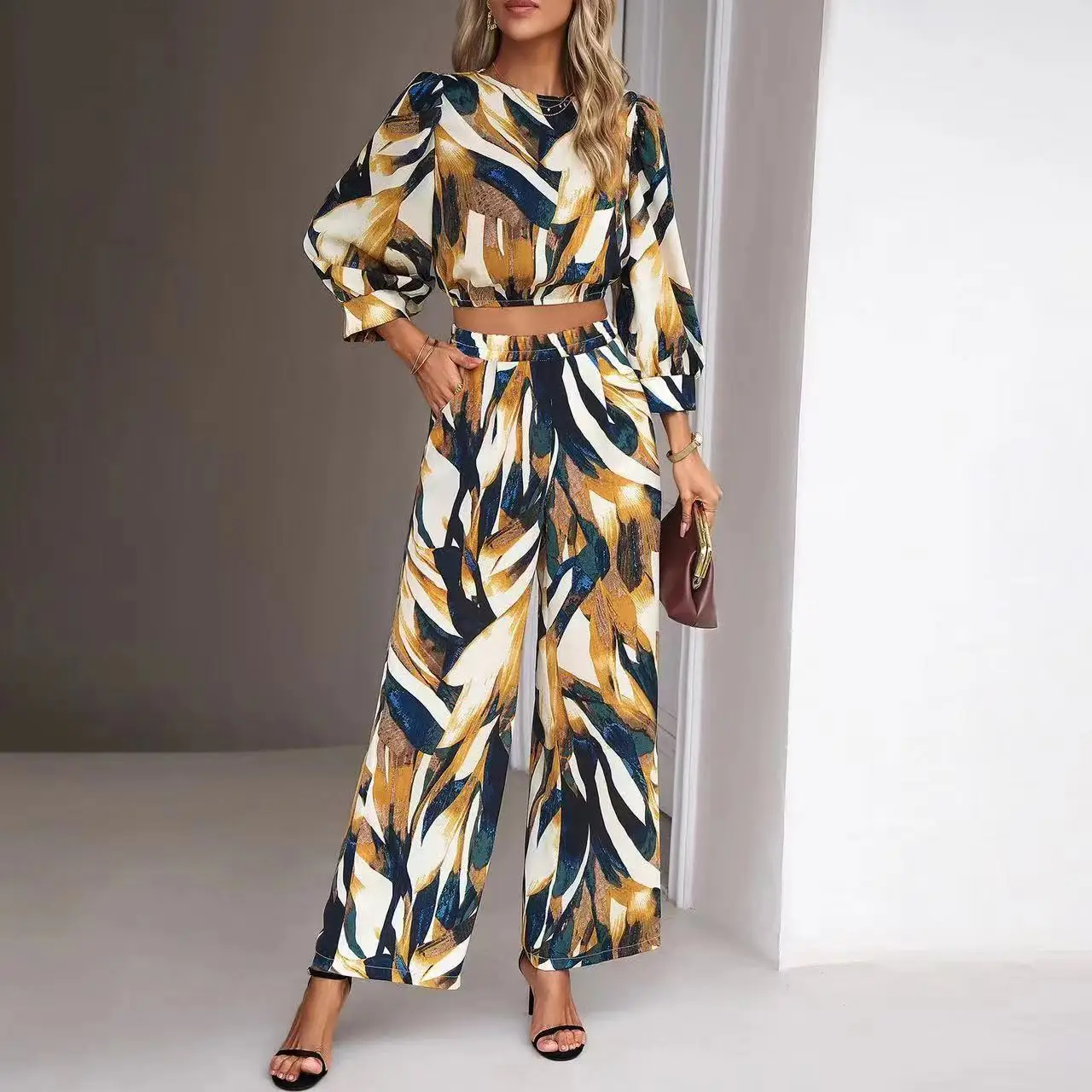 

Casual Print Crop Top Pant Sets Women Autumn Long Sleeve Shirt Two Piece Sets Boho High Waist Pants 2 Piece Sets Women Outfit