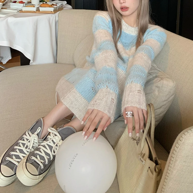 

Осенний вязаный свитер в полоску, Женский Повседневный милый пуловер, свитер, женский модный теплый кашемировый джемпер в Корейском стиле, ...