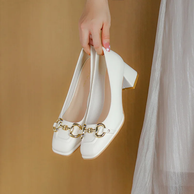 2023 Spring and Autumn New Women's Shoes Retro Square Toe High Heels Horsebit French Mary Jane Casual Professional Shoes