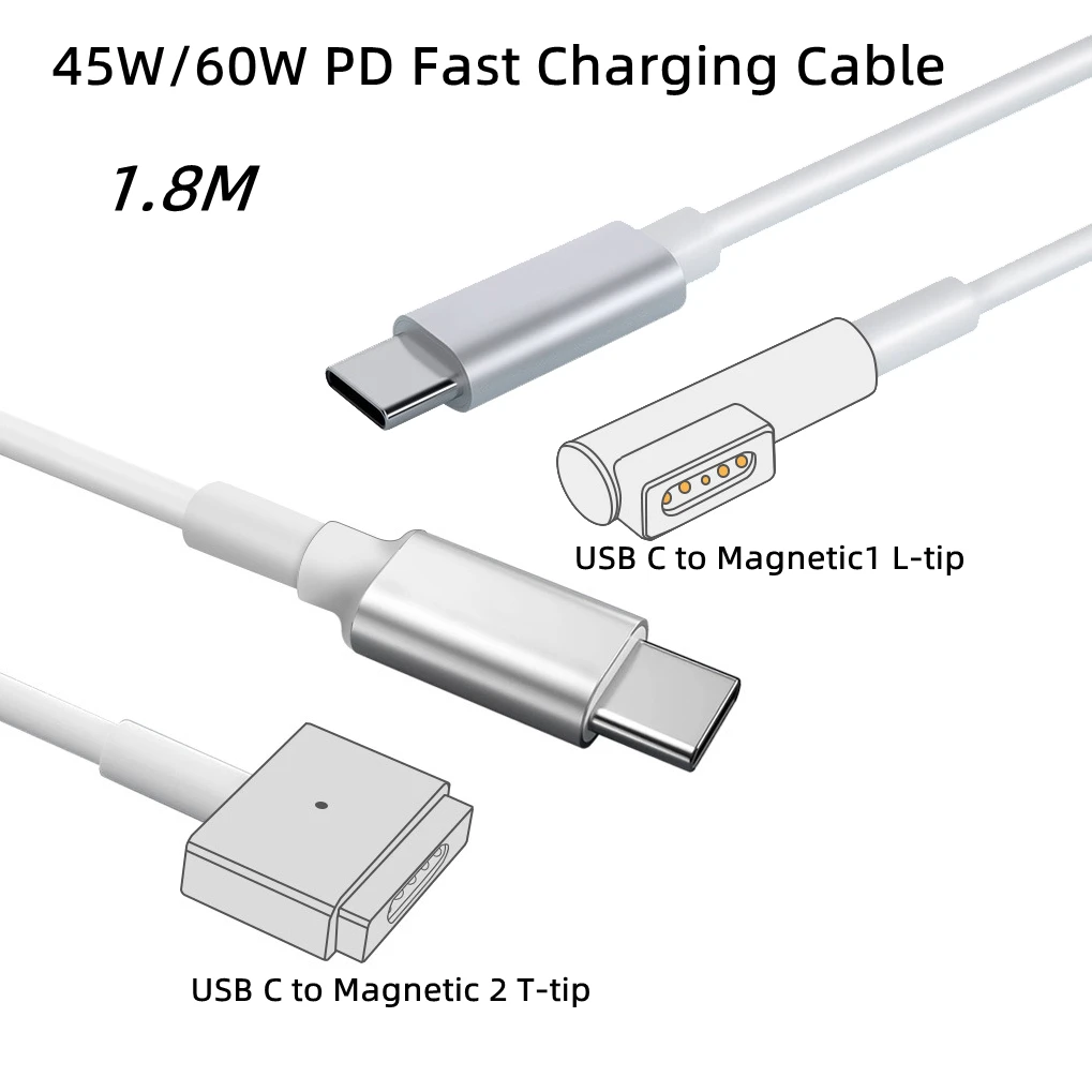 

USB Type-C to Magnetic 1 L-tip Gen 2 T-tip Adapter 60W PD Fast Charging Cable Compatible with 45W/60W Macbook Air 11" Pro 13Inch