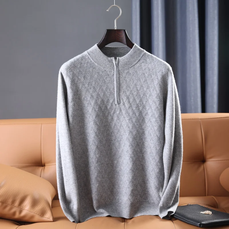 2022 Autumn And Winter Thickened Men's Round Neck Half Zip Jumper 100% Wool High-end Business Knitted Pullover Casual Warm Tops