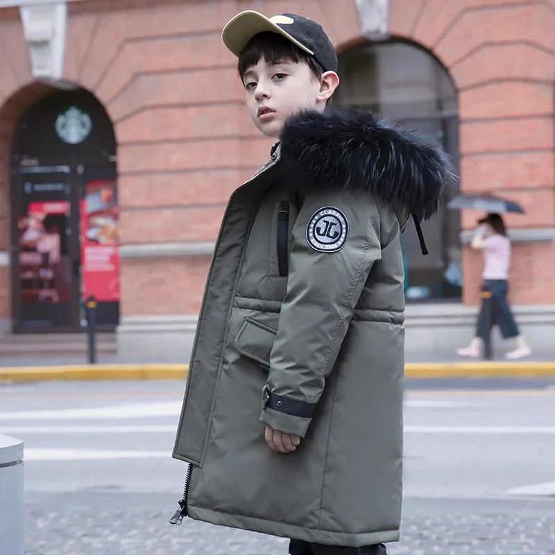 -25 Degrees winter children' down jacket Boy's fashionable hooded thick winter coat Teenager black windproof  warm long coat fur