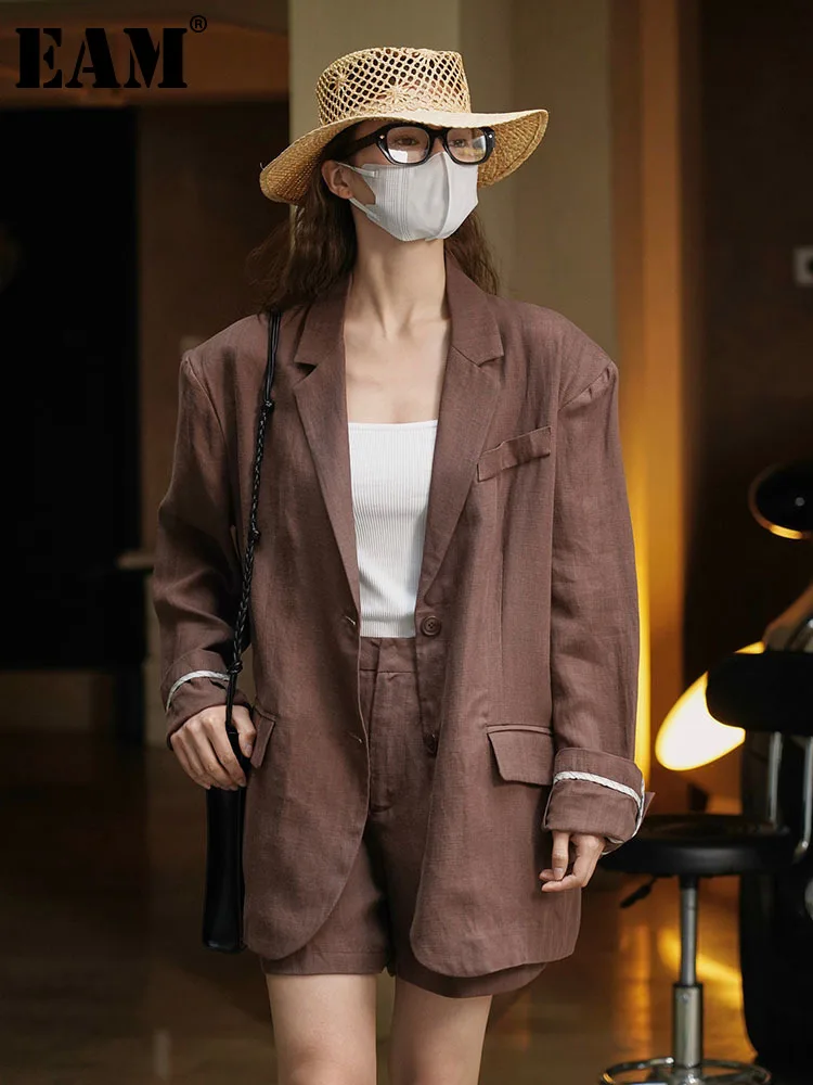 

[EAM] Women Coffee Big Size Thin Blazer New Lapel Long Sleeve Loose Fit Jacket Casual Vintage Fashion Spring Summer 2023 1DF9515