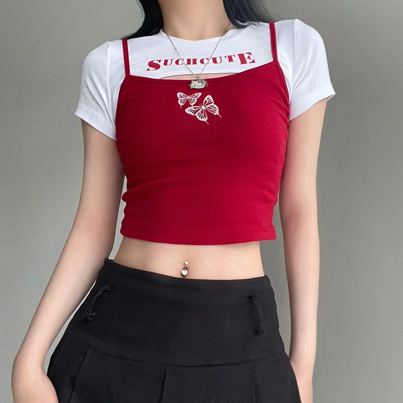 

Y2k Top Women's Summer New Personality Contrast Printing Fake Two Short T-shirts with Round Neck and Navel Slim Blouse