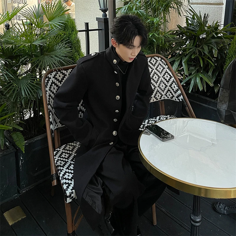 Мужское шерстяное пальто PFHQ на осень и зиму Длинная ветровка толстая 2024 темная