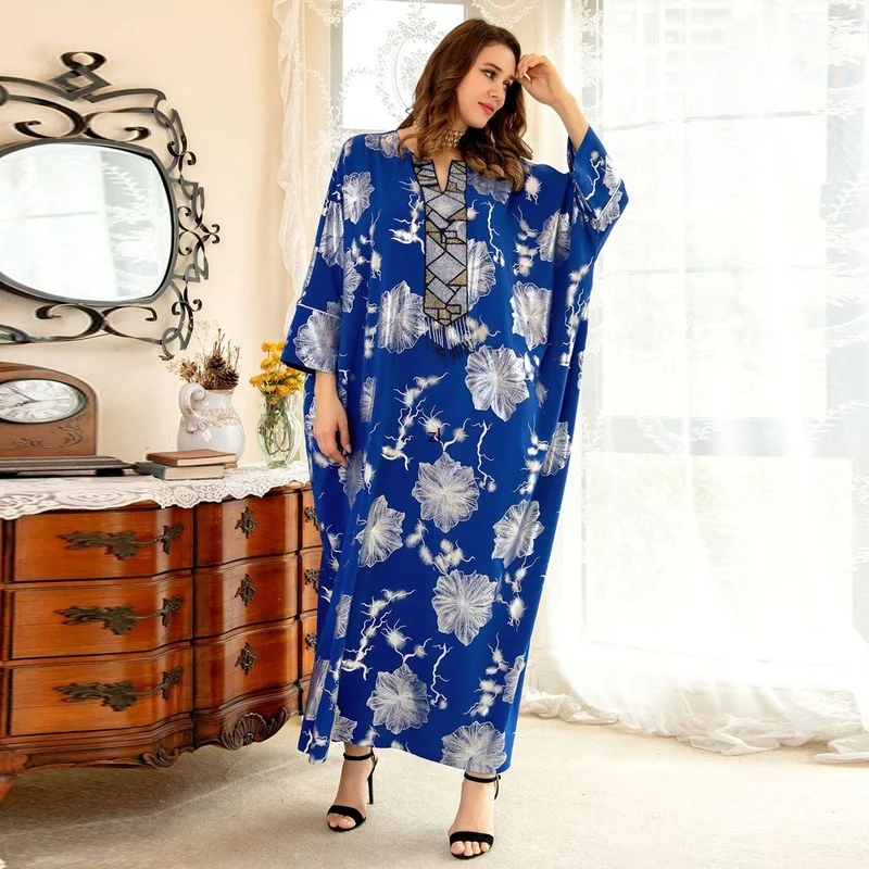 Eid Abayas For Women Dubai Turkish Stones Beads Tassel Dress Bohemian Kaftan Plus Size Boubou Muslim Floral Islamic Clothing