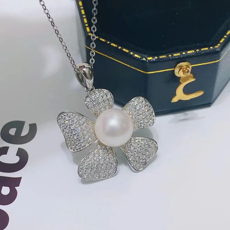 

MeiBaPJ Big White Natural Pearl Fashion Flower Pendant Necklace 925 Sterling Silver Fine Wedding Jewelry for Women