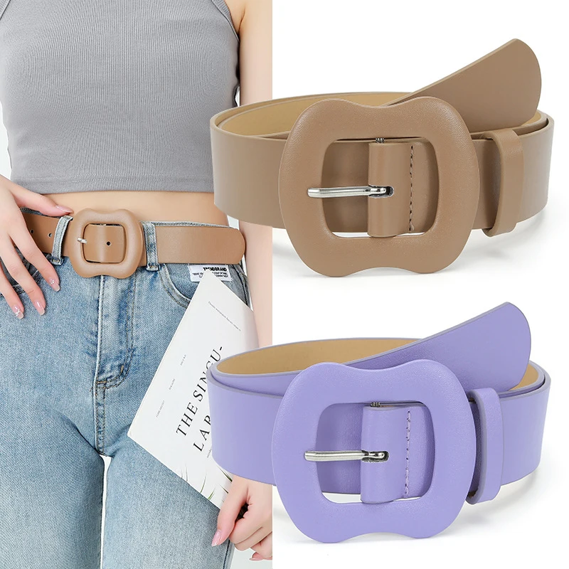 

2023 New Women Waist Belt Jeans Coat Style Casual Waistband Solid Candy Color Wide Belt PU Leather Matel Pin Buckle Gourd Buckle