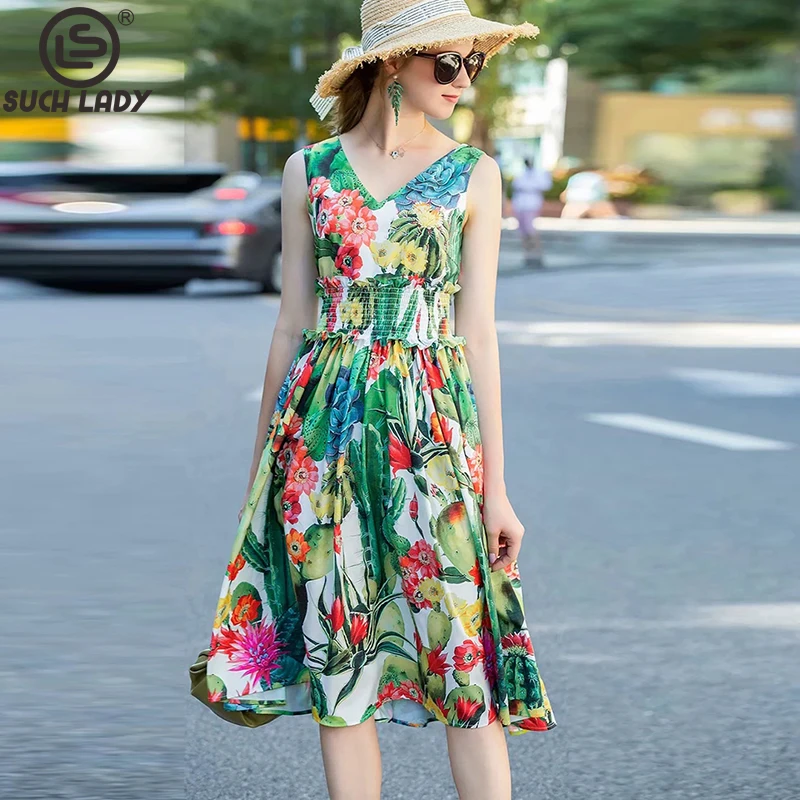 Women's Runway Dress Sexy V Neck Sleeveless Ruffles Printed Elastic Waist Fashion Casual Holiday Dresses Vestidos