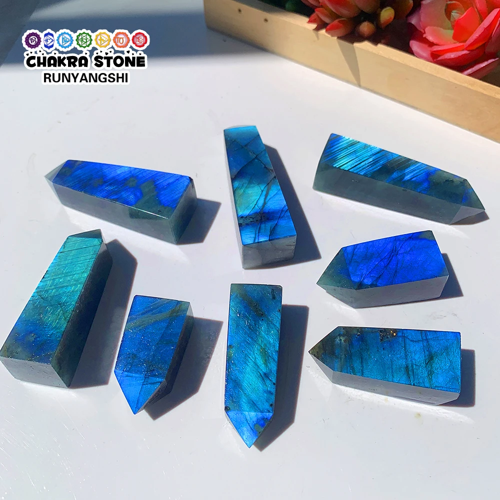 

1pc Natural Gemstones Labradorite Towers Blue Light Energy Wand Healing Crystal Moonstone Quartz Tetrahedral Column Reiki Decor