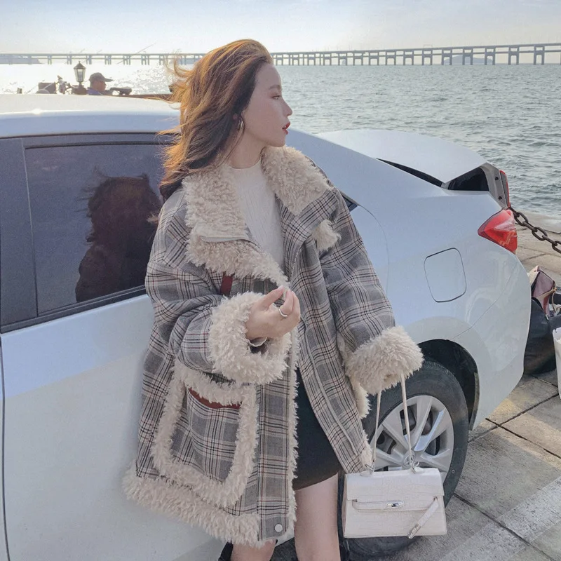 Pi Overcome Women's Winter Mid length Plaid Loose Coat