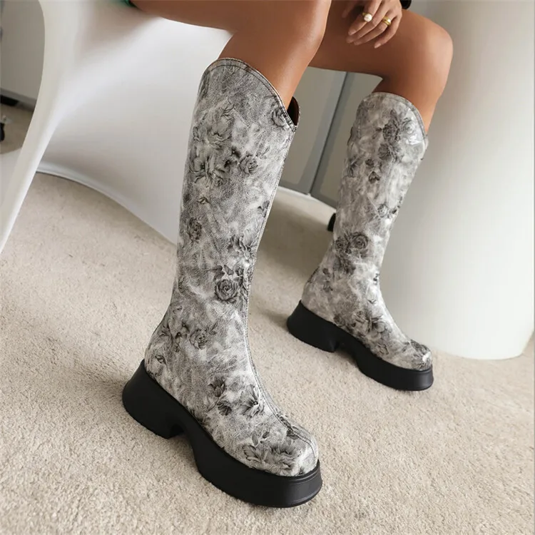 

Fashion Knight Boot Women 2022 Winter Thick Bottom Chunky Heels Platform Boots Print Western Cowgirl Boots Female Dress Shoes
