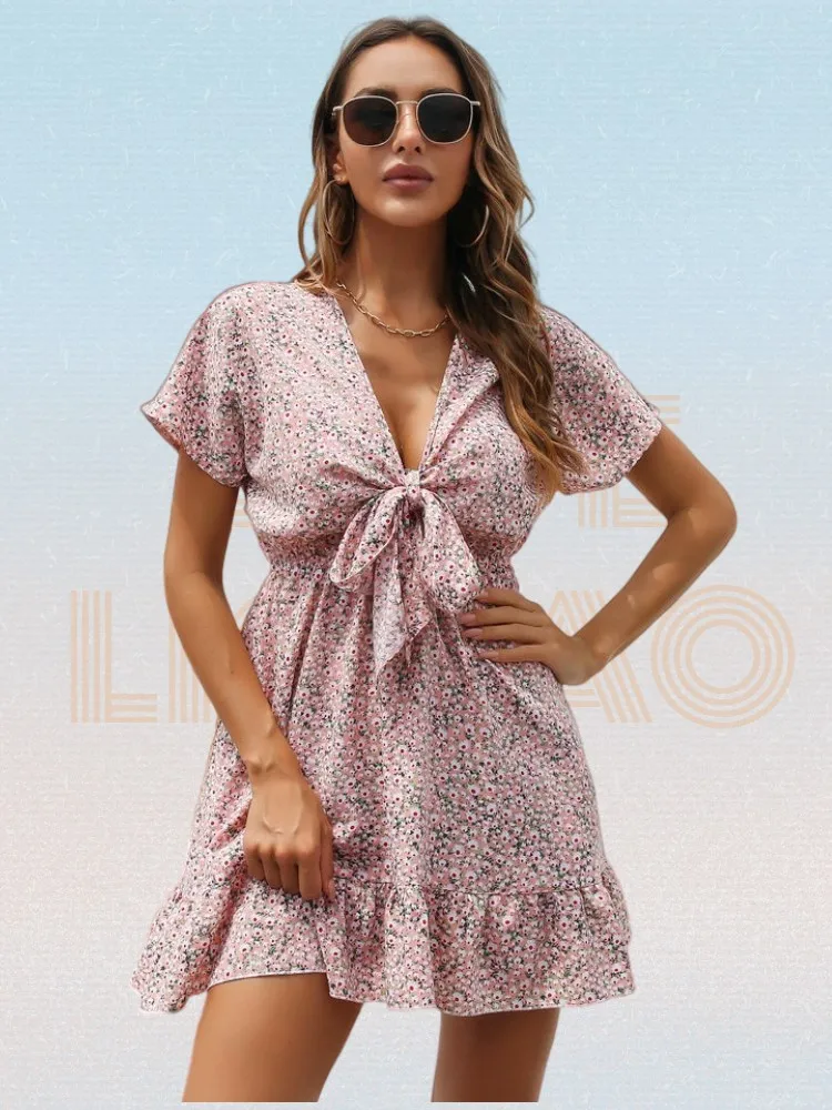 

Ditsy Floral Short Sleeve Knot Front Ruffle Hem Mini Dress Women Deep V-neck High Waist Casual A-line Chiffon Dress Summer Robe