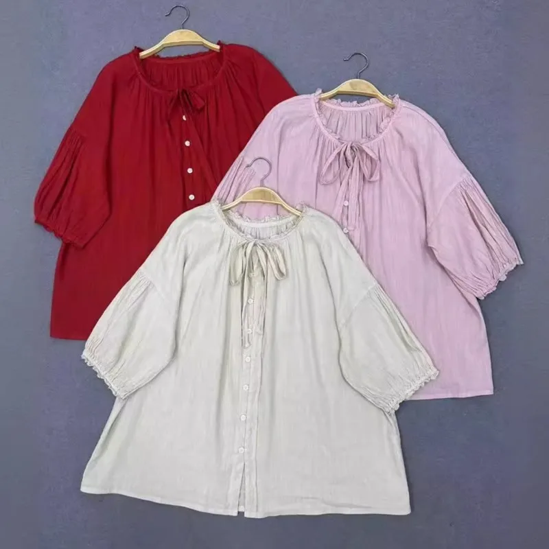 Женские винтажные рубашки в стиле мори Johnature Свободный Топ с коротким рукавом