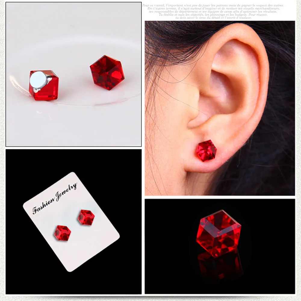 

Winter Olympics Water Cube Colored Diamond Crystal No Ear Hole Fake Earrings Magnetic Fake Perforated Luxury Women's Earrings