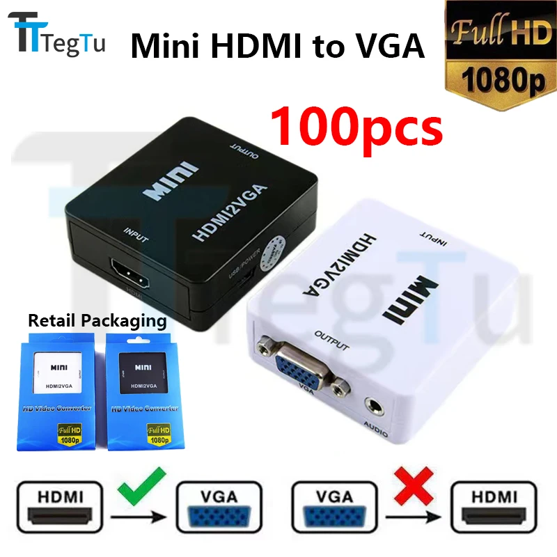 

100pcs Wholesale 1080P HDMI2VGA HDMI-compatible to VGA Adapter Converter With Audio For Laptop TV Box Computer Display Projector