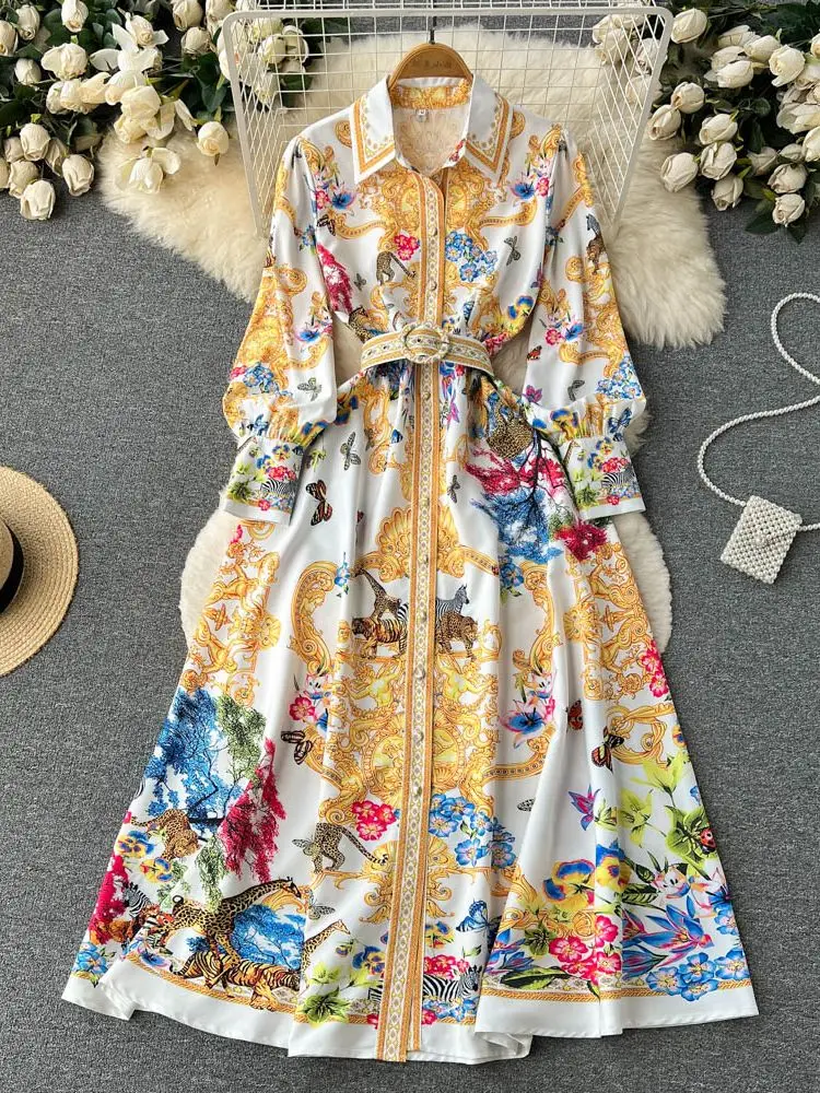 

Autumn Vintage Shirt Dress Women's Lantern Sleeve Single Breasted Belted Baroque Gold Flower Print Office Lady Work Wear Dress