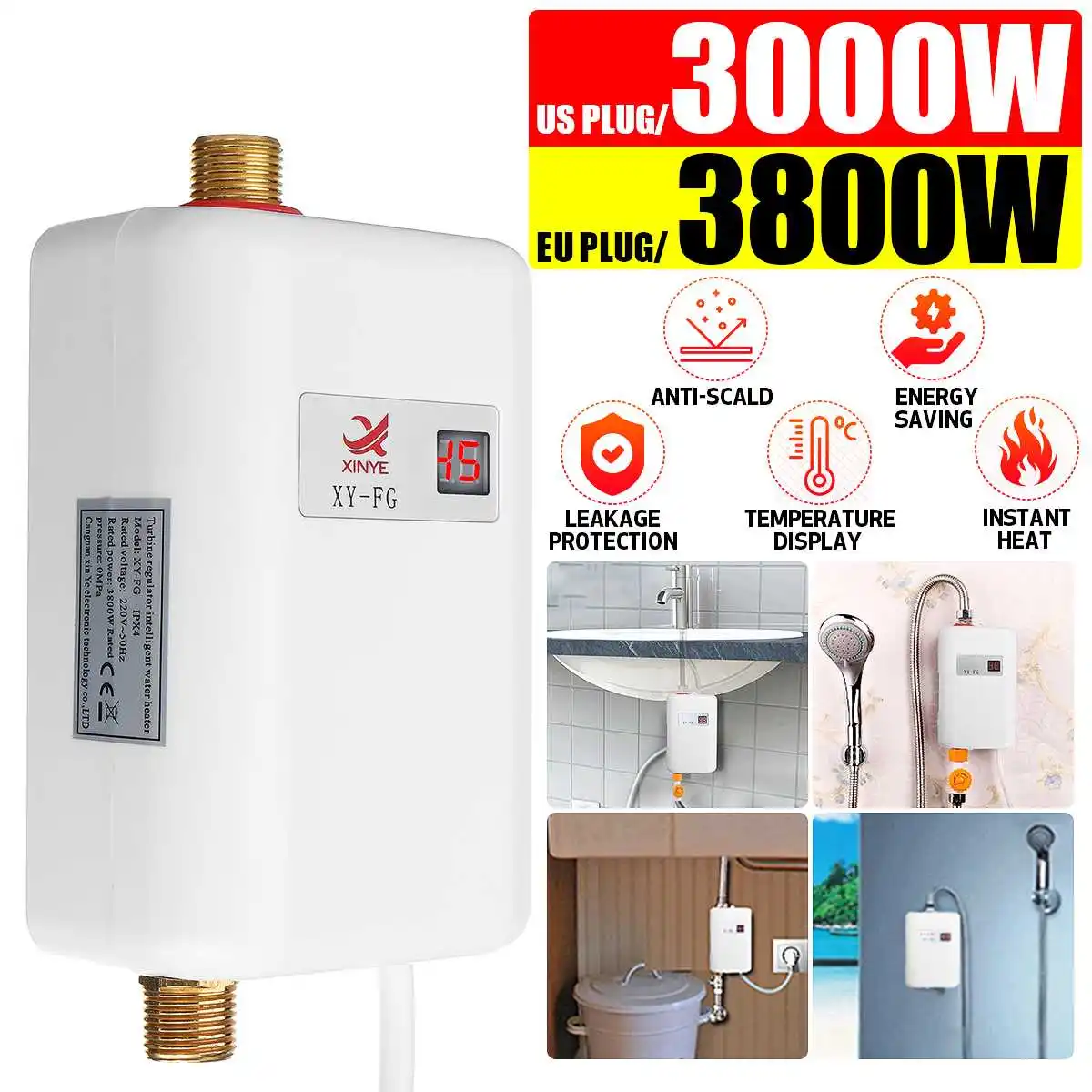 

3800W Tankless Electric Water Heater Bathroom Kitchen Instant Water Heater Faucet Temperature display Heating Shower 220V/110V