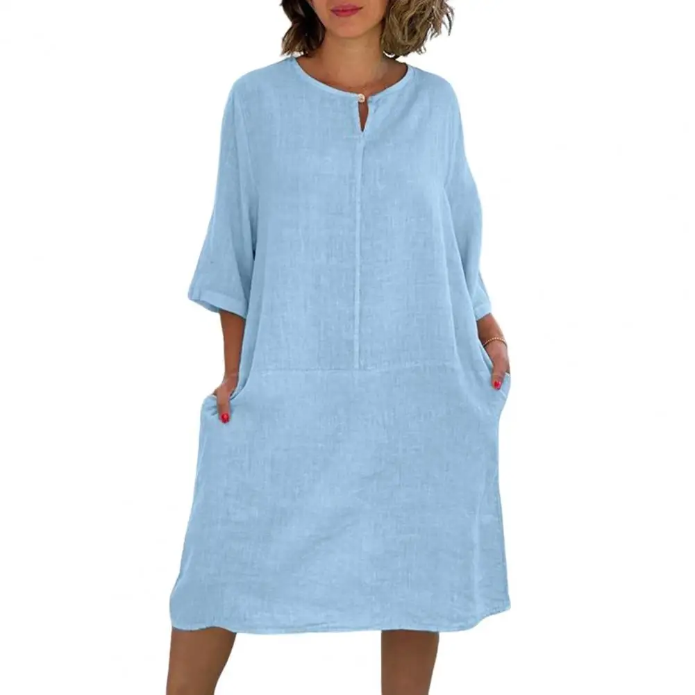 

V-neck Dress Vintage Hollow V Neck Women's Summer Midi Dress with Soft Breathable Fabric Pockets Elegant Knee Length Lady's