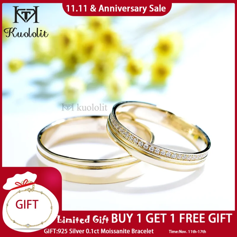 

Kuololit Solid 18K 14k 10K Gold Couple Ring for Women Men Moissanite D VVS1 Round Solitaire Diamond Band for Wedding Engagement