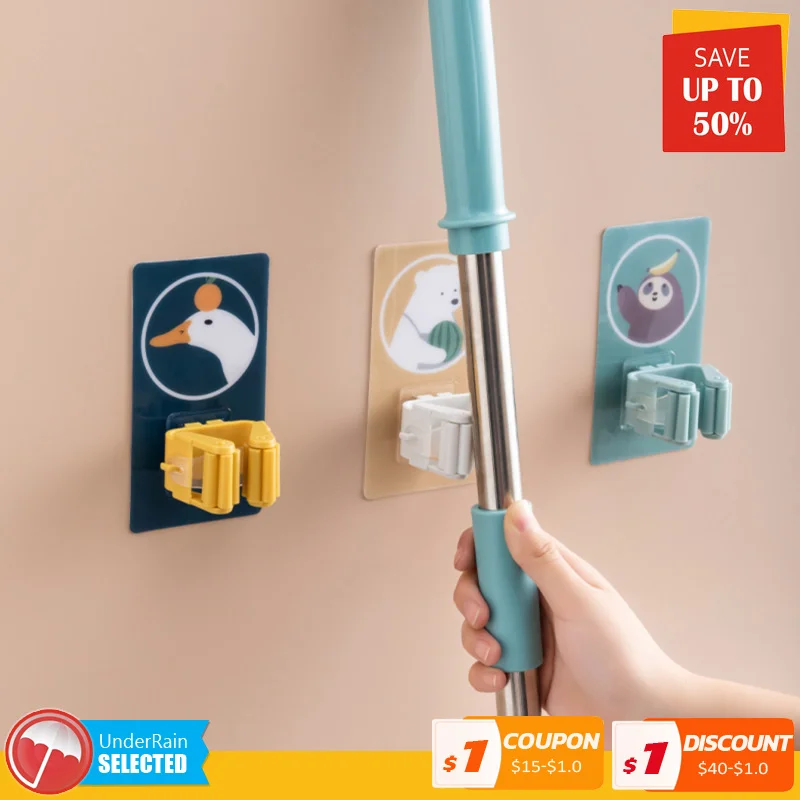 

2pcs Cartoon Mop Rack Bathroom Accessory Wall Mounted Broom Shelf Organizer Hook Holder Hanger Behind Door Kitchen Storage Tool