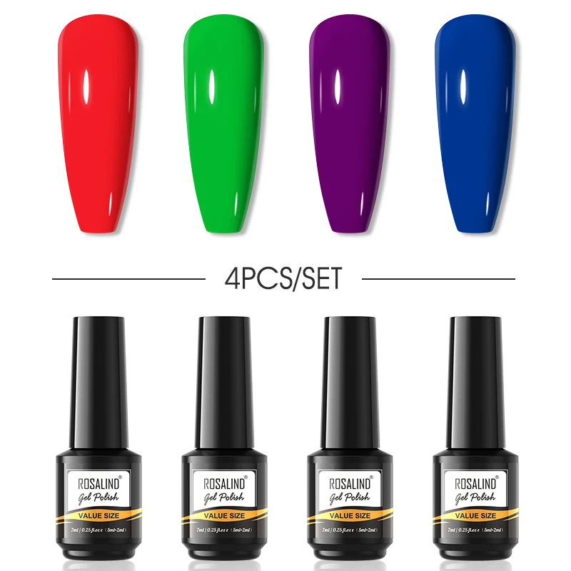 

ROSALIND 4PCS/SET Gel Polish Set Glitter Semi Permanent Hybrid Gel Varnish Need Lacquer Base Top Coat Nails Art For Nail Gel Kit