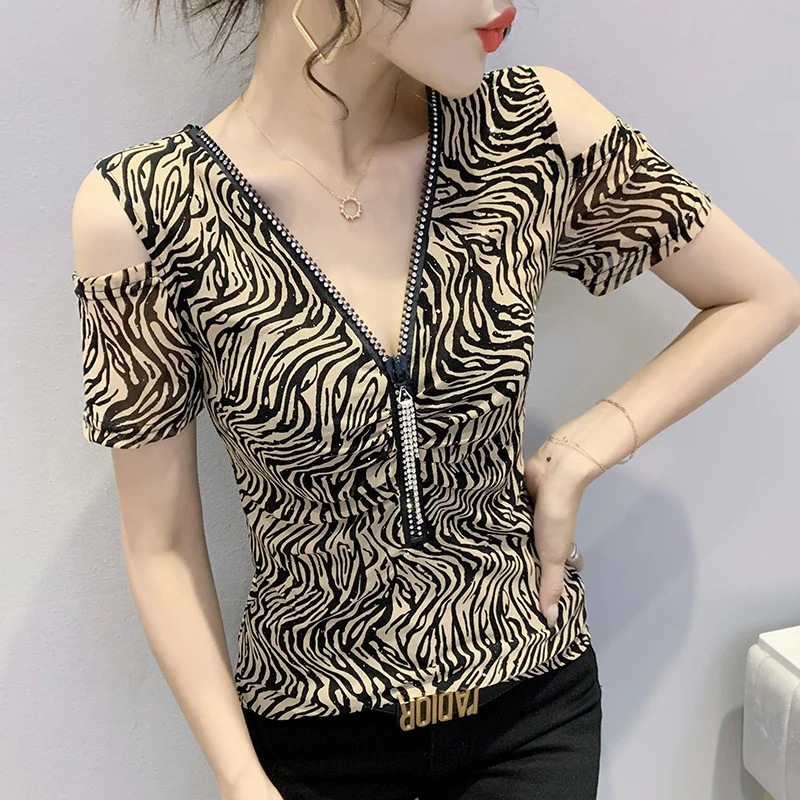 #7159 Винтажная футболка с открытыми плечами Женская пикантная облегающая на