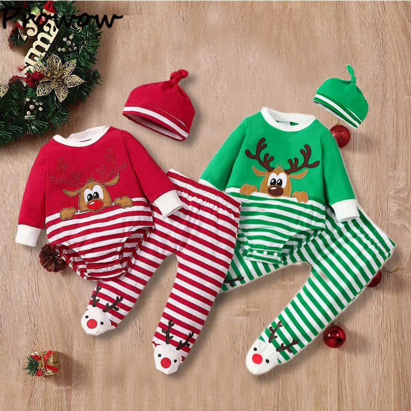 

Рождественская одежда для маленьких мальчиков Prowow 2023, комбинезон с мультяшным оленем + красные полосатые штаны, Рождественская одежда, мой ...