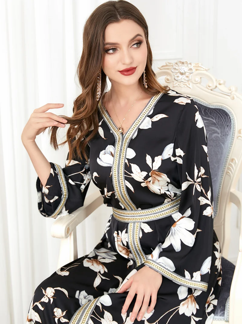 Floral Kaftan Arabic Long Dress Women Printed Muslim Moroccan Party Caftan Gulf Jalabiya Dubai Turkish Abayas Black Dresses