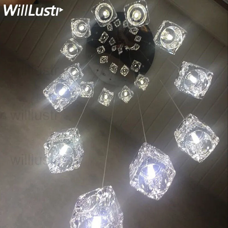 

Cube Glass Pendant Lamp K9 Crystal Ceiling Chandelier Meteor Shower Duplex Mall Hall Villa Staircase Suspension Hanging Light