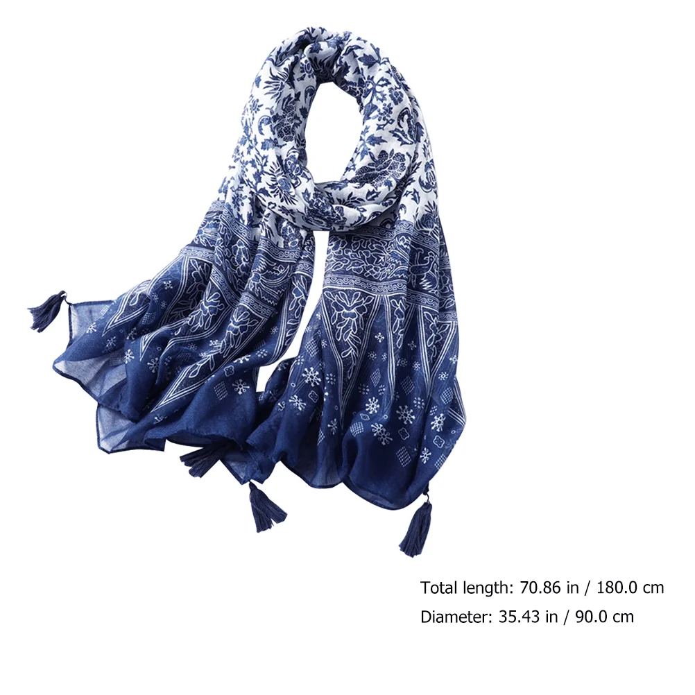 Синий и белый фарфоровый шарф с кисточками шаль накидки для хлопковой