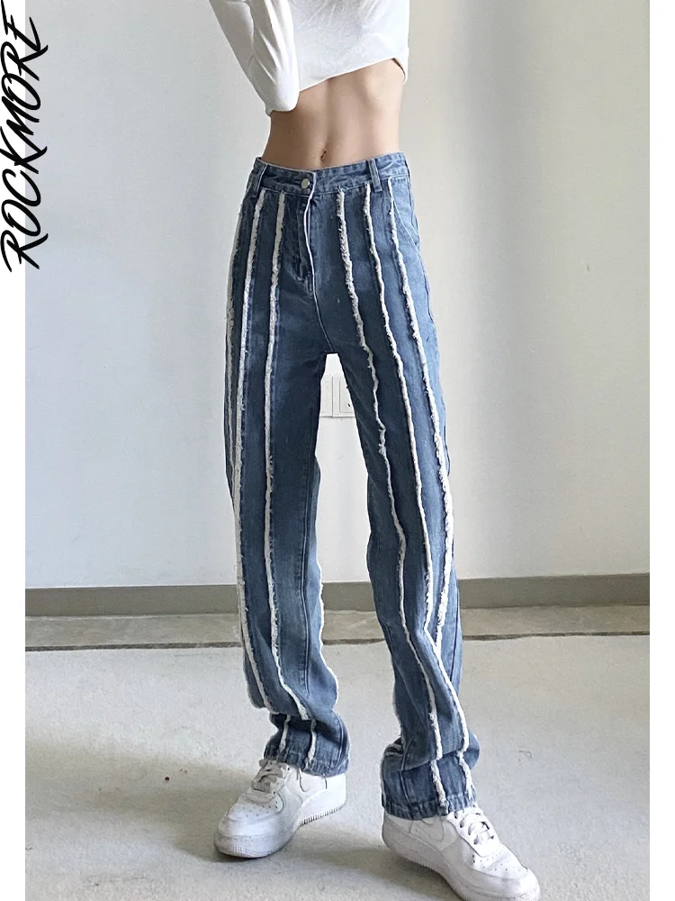 

Женские джинсы с высокой талией Rockmore, свободные широкие брюки в стиле пэчворк, винтажные джинсовые брюки свободного покроя в Корейском стил...