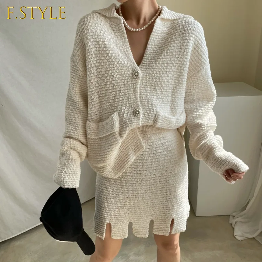 Korean Chic Temperament Lapel White Knitted Cardigan Coat Solid Sweaters Mini Irregular Skirt Autumn 2 Piece Sets Fashion Wild