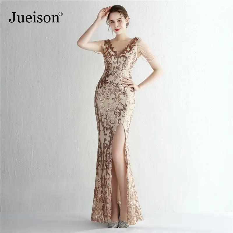 

Evening Dress With Side Slit Long Luxury Beads Women Party Dresses Elegant V Neck Mermaid 2022 New Formal Dress Vestido